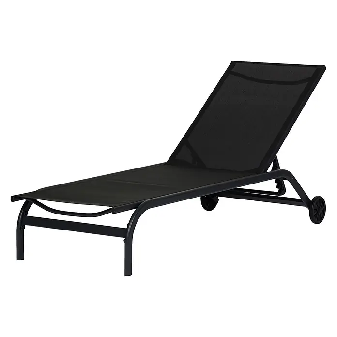 Ebuy24 Gartenliege Halfdan - Schwarz, Aluminium - Schwarze Liege aus Netzgewebe mit schwarzem Metallrahmen und Rädern.