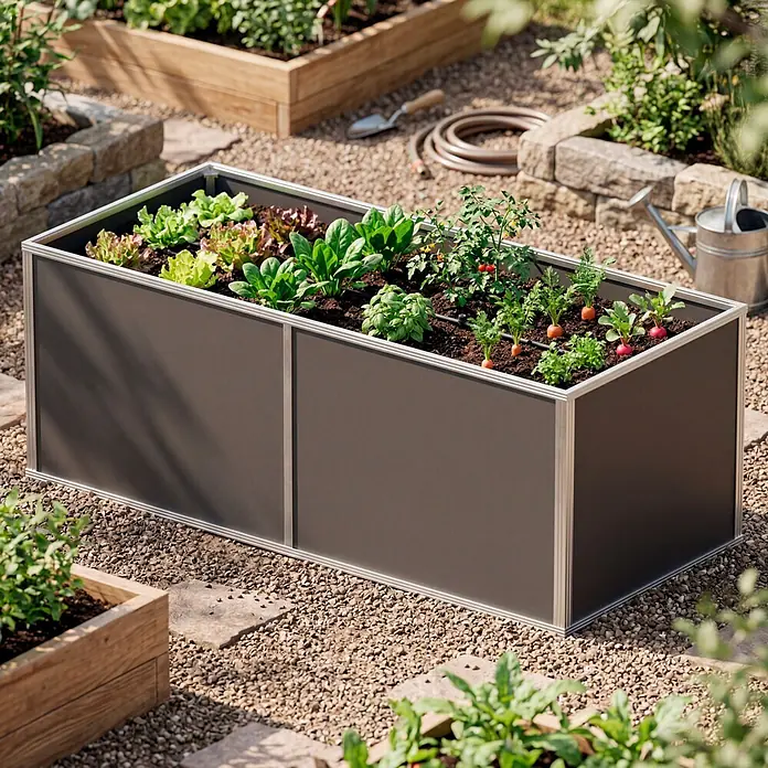 KGT Hochbeet Aluminium - 205 x 91 x 77 cm, Aluminium, Anthrazit/Weiß - Dunkelgraues Hochbeet mit silbernem Rahmen, bepflanzt mit grünem Gemüse in einem Garten.