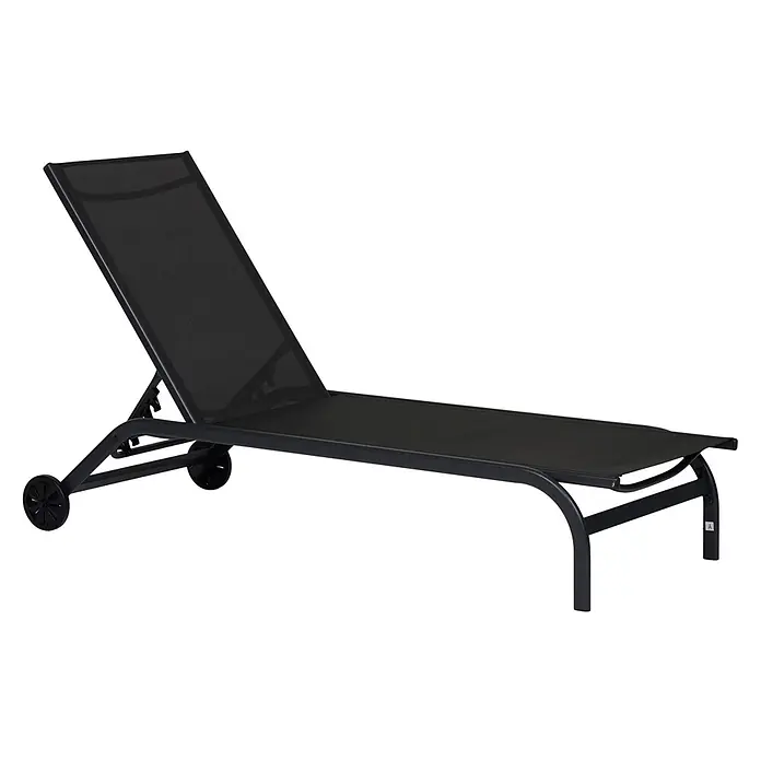 Ebuy24 Gartenliege Halfdan - Schwarz, Aluminium - Schwarzer Liegestuhl mit verstellbarer Rückenlehne und Netzgewebe, robustem Gestell und Rädern.