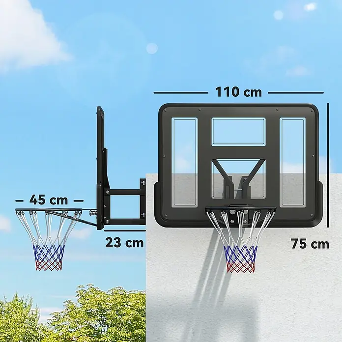 Sportnow Basketballkorb - Stahl, Schwarz - Wandmontierter Basketballkorb. Schwarzes Backboard (110x75cm) mit rot-blau-weißem Netz. Maße: 45cm Korbdurchmesser, 23cm Wandabstand.