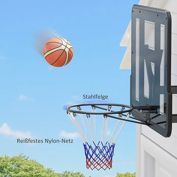Sportnow Basketballkorb - Stahl, Schwarz - Basketballkorb mit Stahlfelge und reißfestem rot-weiß-blauem Nylon-Netz, an einem Haus montiert, mit einem Basketball im Anflug.
