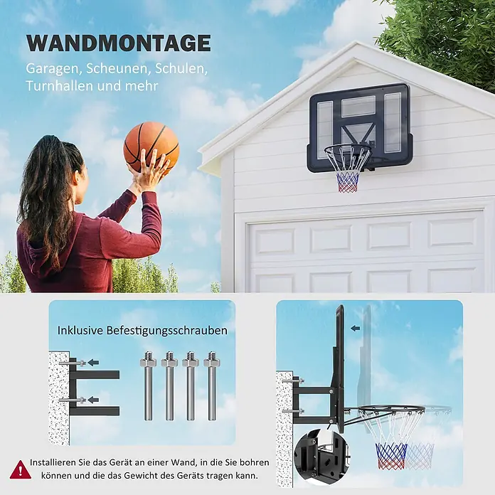 Sportnow Basketballkorb - Stahl, Schwarz - Wandmontierter Basketballkorb mit verstellbarem Brett und Schrauben, an Garage montiert und spielbereit.