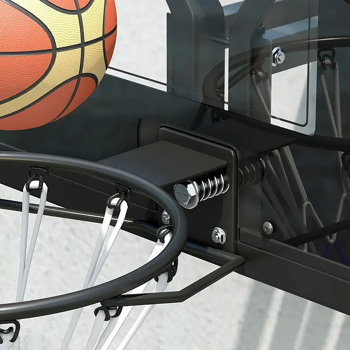 Sportnow Basketballkorb - Stahl, Schwarz - Nahaufnahme eines orange-gelben Basketballs neben einem schwarzen, gefederten Basketballkorb mit weißem Netz und transparenter Rückwand.