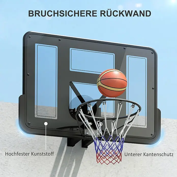 Sportnow Basketballkorb - Stahl, Schwarz - Bruchsichere Basketball-Rückwand aus hochfestem Kunststoff mit unterem Kantenschutz, an einer Wand montiert, Ball über dem Korb.