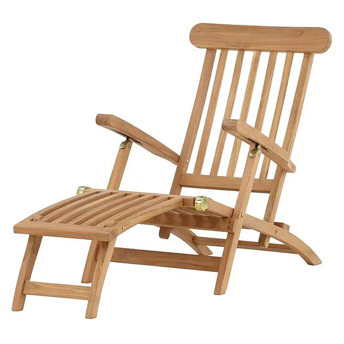 Ebuy24 Gartenliege Kenya - Teak Dekor, Holz - Verstellbarer Teakholz-Liegestuhl mit ausziehbarer Fußstütze und Messingbeschlägen.