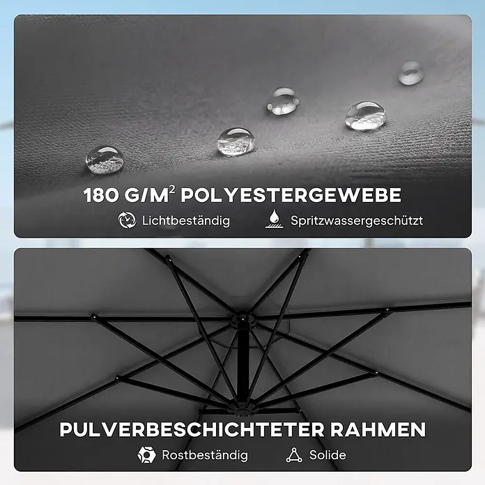 Outsunny Ampelschirm rund - Dunkelgrau, Durchmesser Bespannung: 295 cm - Dunkelgraues 180 g/m² Polyestergewebe mit Wassertropfen, lichtbeständig und spritzwassergeschützt. Pulverbeschichteter, rostbeständiger und solider Schirmrahmen.