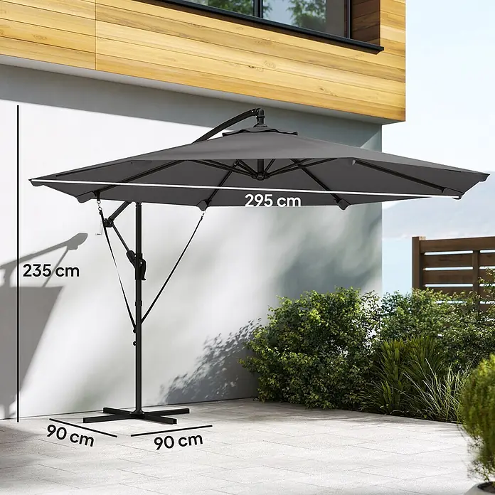 Outsunny Ampelschirm rund - Dunkelgrau, Durchmesser Bespannung: 295 cm - Dunkelgrauer Ampelschirm auf einer Terrasse mit Maßen: 235 cm hoch, 295 cm breit, Basis 90x90 cm.