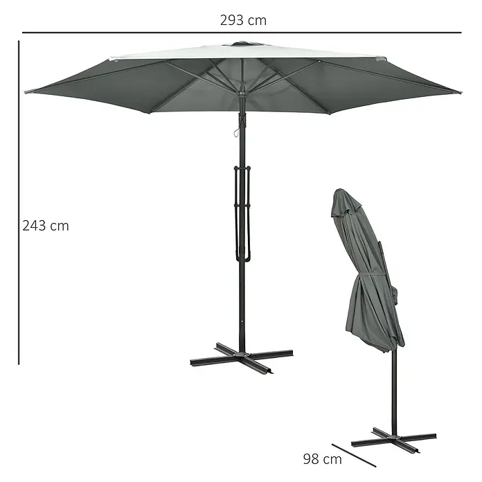 Outsunny Ampelschirm rund - Dunkelgrau, Durchmesser Bespannung: 293 cm - Grauer Gartenschirm mit Kreuzfuß, offen (293 cm breit, 243 cm hoch) und zusammengeklappt (Basis 98 cm).