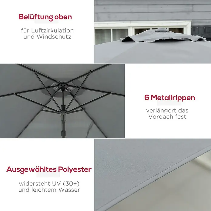 Outsunny Ampelschirm rund - Dunkelgrau, Durchmesser Bespannung: 293 cm - Grauer Sonnenschirm mit Belüftung, 6 Metallrippen und UV-beständigem Polyestergewebe.