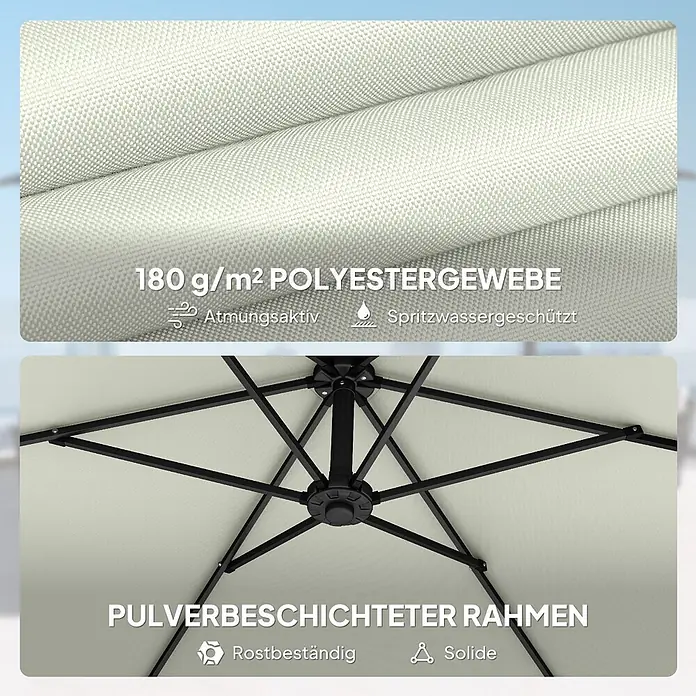 Outsunny Ampelschirm rund - Cremeweiß, Durchmesser Bespannung: 295 cm - Helles 180 g/m² Polyestergewebe, atmungsaktiv und spritzwassergeschützt, mit einem schwarzen, pulverbeschichteten, rostbeständigen und soliden Rahmen.
