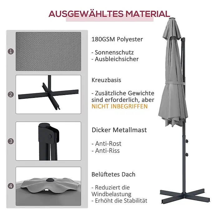Outsunny Ampelschirm rund - Dunkelgrau, Durchmesser Bespannung: 294 cm - Grauer Sonnenschirm mit 180GSM Polyester-Stoff, Kreuzfuß, dickem Metallmast und belüftetem Dach.