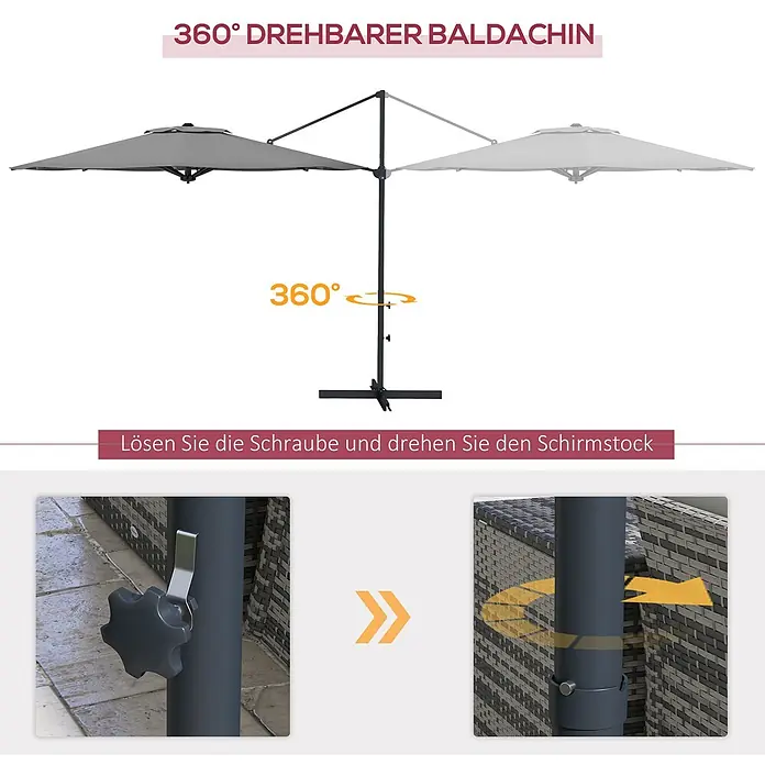 Outsunny Ampelschirm rund - Dunkelgrau, Durchmesser Bespannung: 294 cm - Grauer Ampelschirm mit 360° drehbarem Baldachin und Detailansicht der Schraube zum Lösen und Drehen des Schirmstocks.