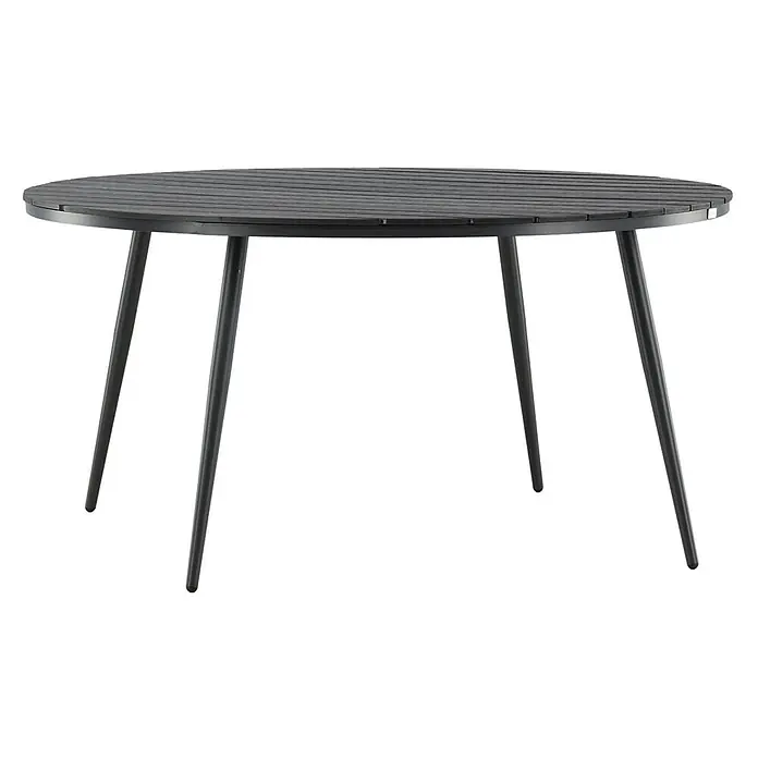 Ebuy24 Gartentisch rund Break - Ø x H: 150 x 74 cm, Aluminium, Schwarz, Stapelbar - Runder Tisch mit dunkelgrauer Lattenplatte und vier passenden konischen Beinen.