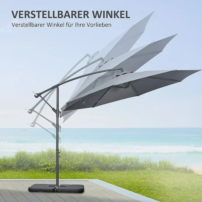 Outsunny Ampelschirm rund - Dunkelgrau, Durchmesser Bespannung: 292 cm - Dunkelgrauer Ampelschirm mit verstellbarer Neigung auf einer Terrasse am Meer.
