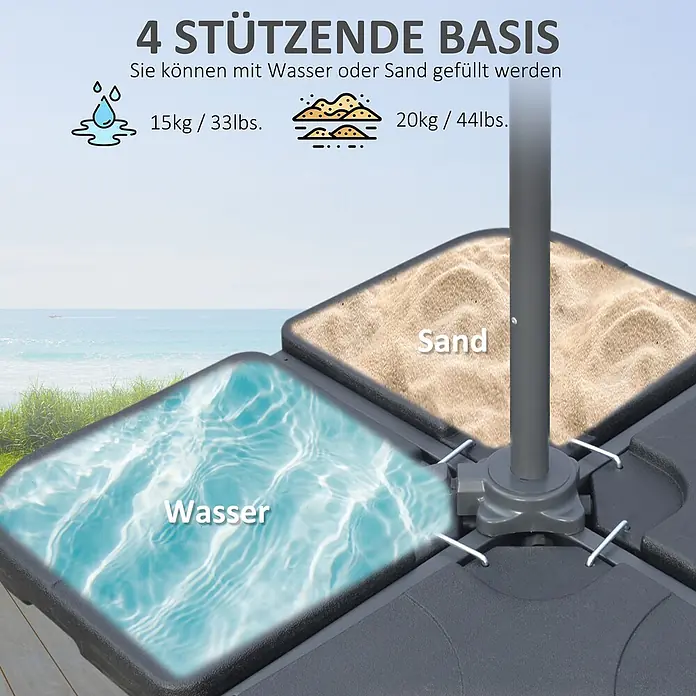 Outsunny Ampelschirm rund - Dunkelgrau, Durchmesser Bespannung: 292 cm - Dunkelgrauer 4-teiliger Schirmständer, mit Wasser (15kg) und Sand (20kg) befüllt, zur Stabilisierung in einer Strandumgebung.