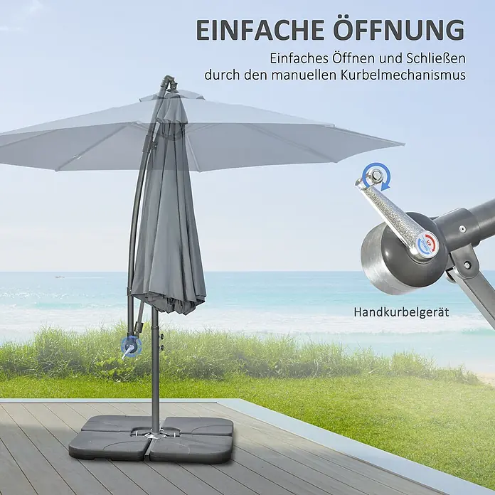 Outsunny Ampelschirm rund - Dunkelgrau, Durchmesser Bespannung: 292 cm - Grauer Ampelschirm mit manuellem Kurbelmechanismus zum einfachen Öffnen und Schließen, auf einer Terrasse am Meer.