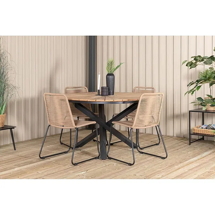 Ebuy24 Gartentisch rund New Mexico - Ø x H: 140 x 75 cm, Aluminium, Teak, Schwarz, Stapelbar - Runder Esstisch aus Holz für draußen mit schwarzem Metallfuß und vier beigen Seilstühlen für Terrasse oder Garten.