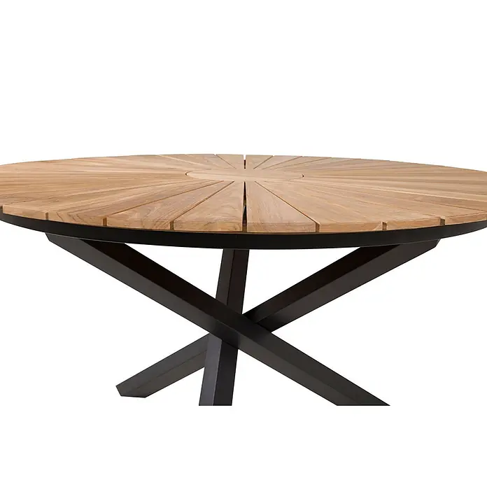 Ebuy24 Gartentisch rund New Mexico - Ø x H: 140 x 75 cm, Aluminium, Teak, Schwarz, Stapelbar - Runder Gartentisch mit heller Holzlattenplatte und schwarzem Metall-X-Gestell.