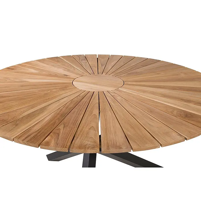 Ebuy24 Gartentisch rund New Mexico - Ø x H: 140 x 75 cm, Aluminium, Teak, Schwarz, Stapelbar - Runder Holztisch mit radialen Lamellen und zentraler Nabe. Dunkler Metallfuß sichtbar.