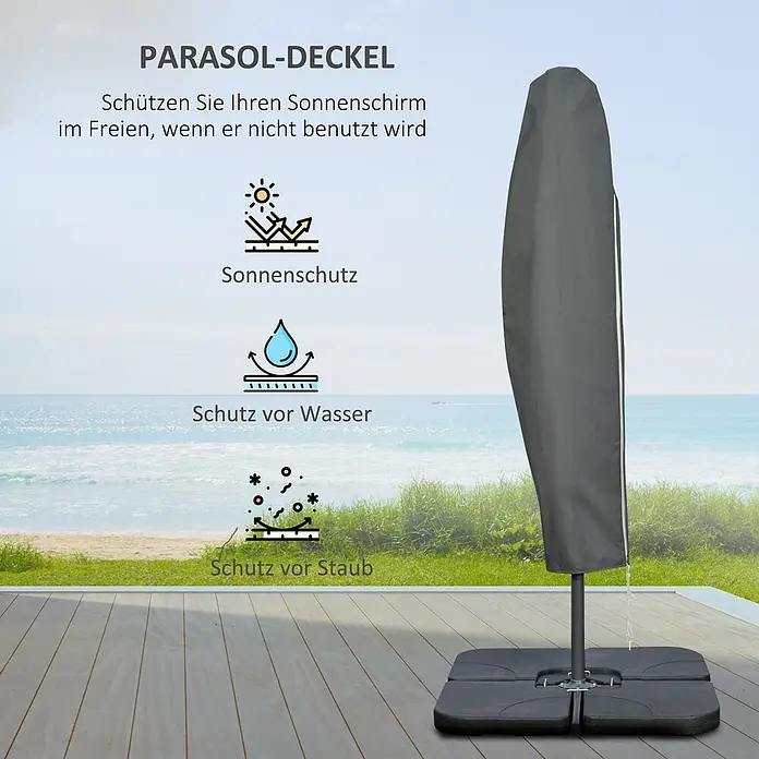 Outsunny Ampelschirm rund - Dunkelgrau, Durchmesser Bespannung: 292 cm - Dunkelgraue Sonnenschirmhülle auf Holzterrasse mit Strand und Meer. Schützt vor Sonne, Wasser und Staub.