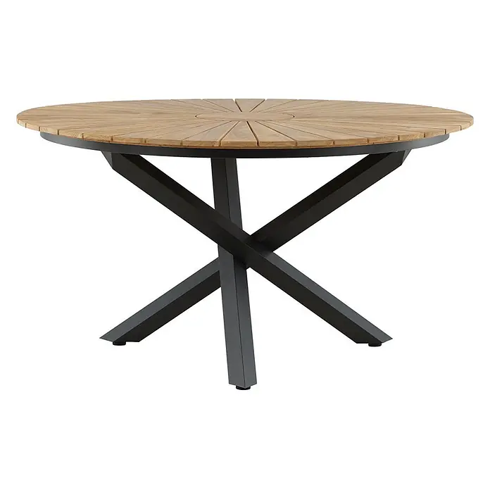 Ebuy24 Gartentisch rund New Mexico - Ø x H: 140 x 75 cm, Aluminium, Teak, Schwarz, Stapelbar - Runder Lamellen-Holztisch mit schwarzem X-förmigem Metallfuß.
