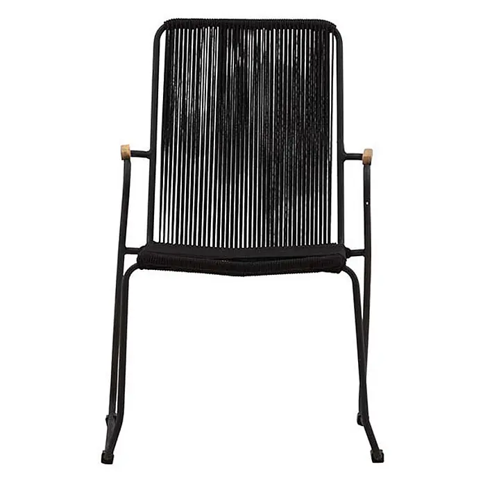 Ebuy24 Gartensessel Bois - 1 Stk., Teak, Natur, B x T x H: 55 x 51 x 82 cm - Schwarzer Metall-Sessel mit Seilgeflecht an Sitz und Rückenlehne und hellen Holzakzenten an den Armlehnen.