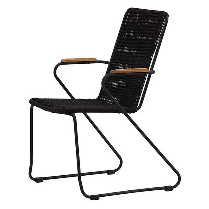 Ebuy24 Gartensessel Bois - 1 Stk., Teak, Natur, B x T x H: 55 x 51 x 82 cm - Schwarzer Metallstuhl mit geflochtener Seilsitzfläche und Rückenlehne, mit Holzarmlehnen.