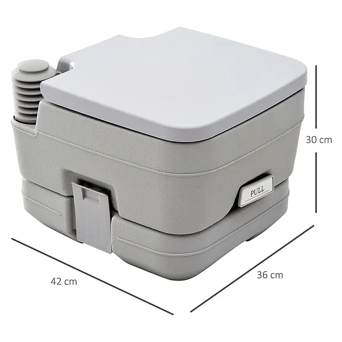 Homcom Campingtoilette - L x B x H: 36 x 42 x 30 cm, Manuelle Wasserspülung, Sonstiges - Graue tragbare Campingtoilette mit hellgrauem Deckel, Zuggriff und Abmessungen von 42x36x30 cm.