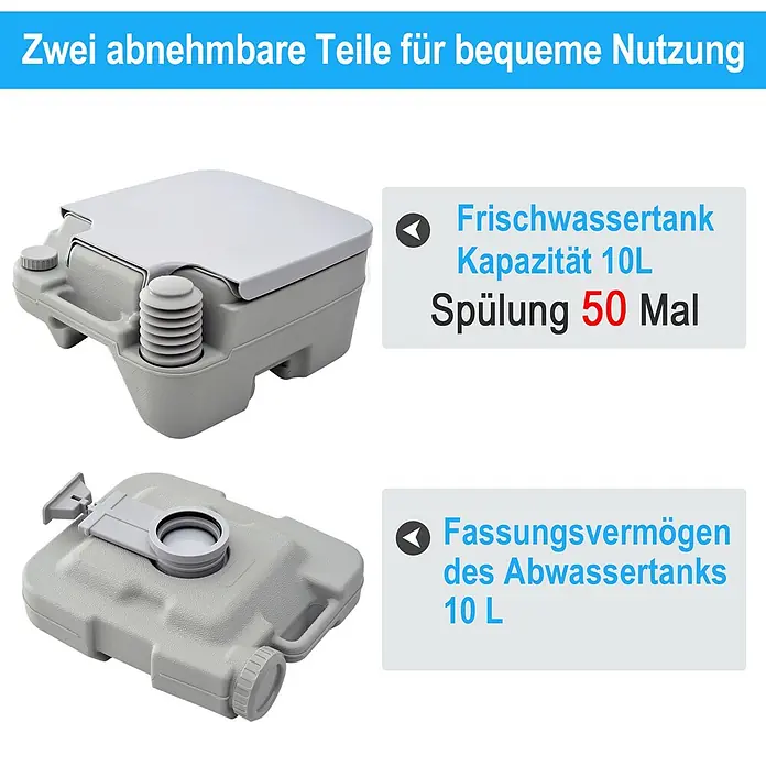 Homcom Campingtoilette - L x B x H: 36 x 42 x 30 cm, Manuelle Wasserspülung, Sonstiges - Graue zerlegbare Campingtoilette, bestehend aus 10L Frischwassertank (50 Spülungen) und 10L Abwassertank.