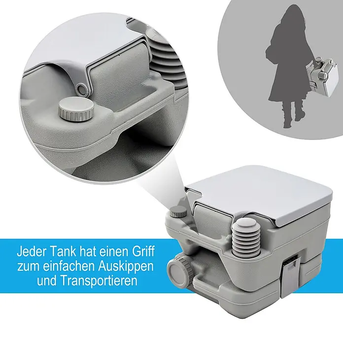 Homcom Campingtoilette - L x B x H: 36 x 42 x 30 cm, Manuelle Wasserspülung, Sonstiges - Graue Kunststoff-Campingtoilette mit Griff zum einfachen Transport und Entleeren.