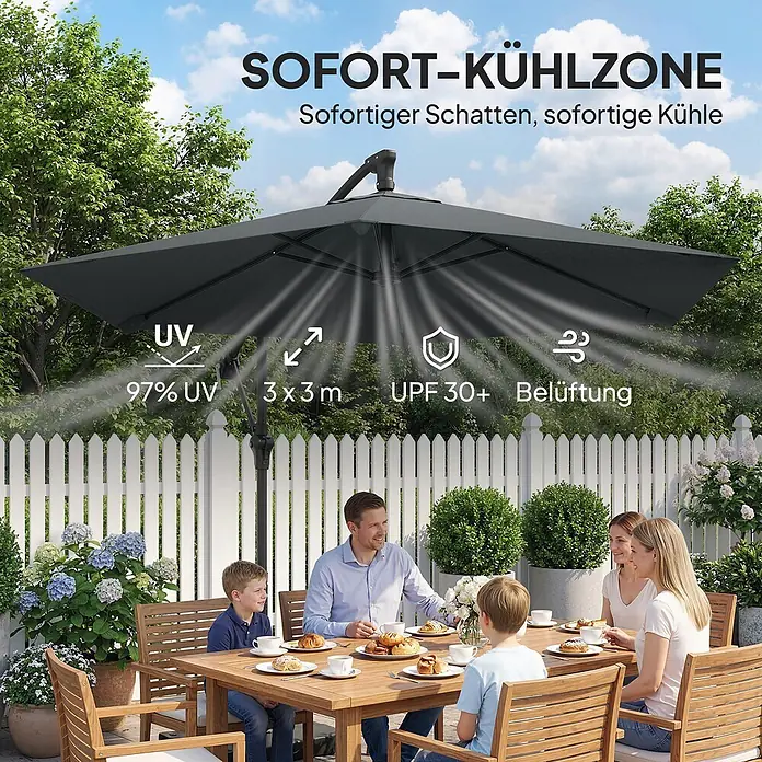 Outsunny Ampelschirm rund - Dunkelgrau, Durchmesser Bespannung: 295 cm - Dunkelgrauer Ampelschirm schützt eine Familie beim Essen im Freien. Bietet UV-Schutz (UPF 30+) und Belüftung.