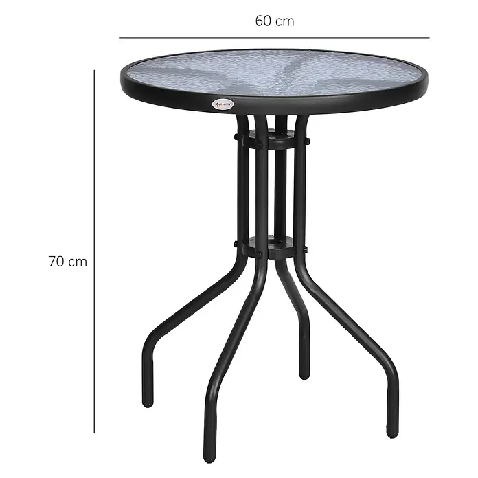 Outsunny Garten-Beistelltisch rund - Metall, Sicherheitsglas, Kunststoff, Schwarz - Schwarzer Metall-Gartentisch mit runder, gemusterter Glasplatte. 60 cm Durchmesser, 70 cm Höhe.