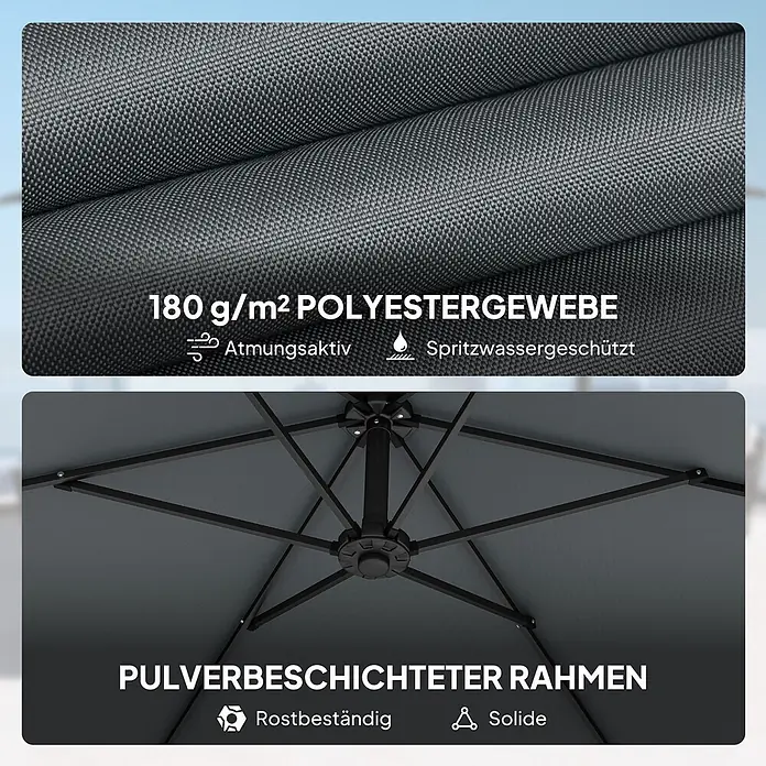 Outsunny Ampelschirm rund - Dunkelgrau, Durchmesser Bespannung: 295 cm - Dunkelgrauer 180 g/m² Polyester-Schirmstoff, atmungsaktiv und spritzwassergeschützt. Schwarzer pulverbeschichteter, rostbeständiger und solider Rahmen.