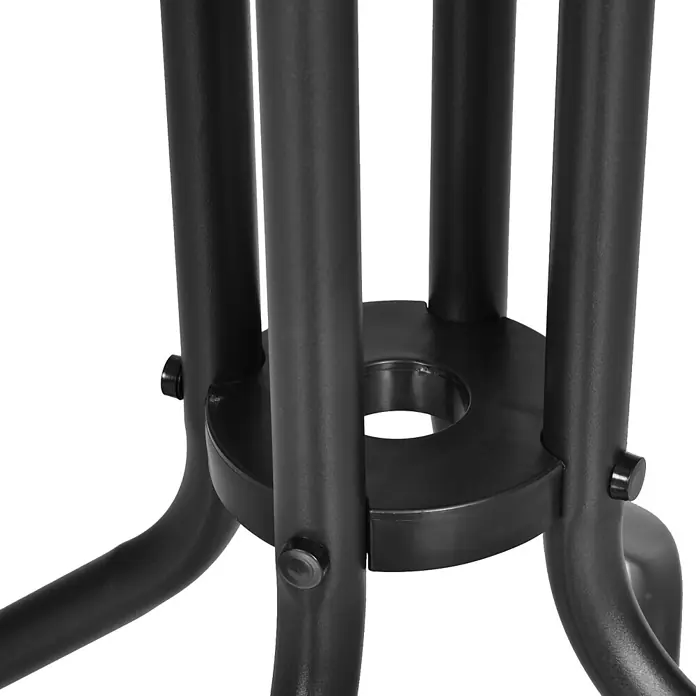Outsunny Garten-Beistelltisch rund - Metall, Sicherheitsglas, Kunststoff, Schwarz - Nahaufnahme einer mattschwarzen Metallständerbasis mit mehreren zylindrischen Beinen, verbunden durch eine runde Platte und sichtbare Befestigungselemente.