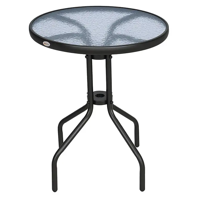 Outsunny Garten-Beistelltisch rund - Metall, Sicherheitsglas, Kunststoff, Schwarz - Runder Outsunny Gartentisch mit strukturierter Glasplatte und schwarzem Metallgestell.