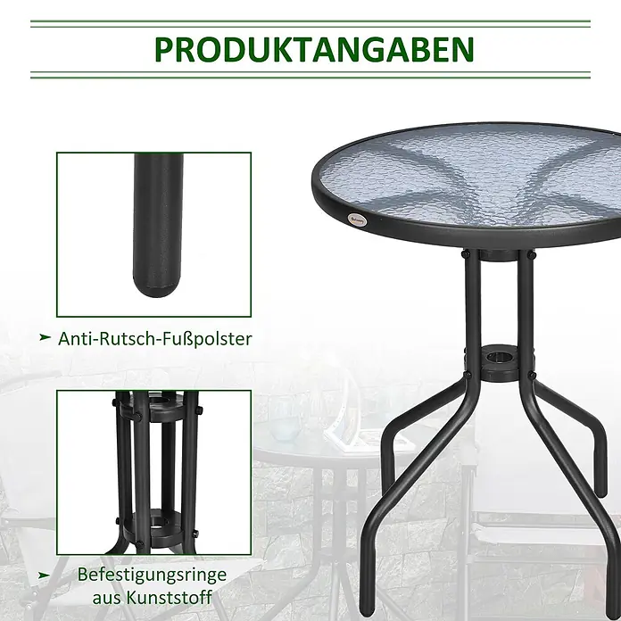 Outsunny Garten-Beistelltisch rund - Metall, Sicherheitsglas, Kunststoff, Schwarz - Schwarzer runder Gartentisch mit Glasplatte, rutschfesten Fußpolstern und Kunststoff-Befestigungsringen.