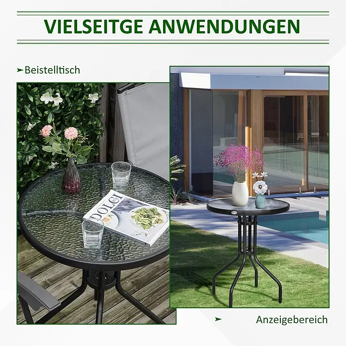 Outsunny Garten-Beistelltisch rund - Metall, Sicherheitsglas, Kunststoff, Schwarz - Runder, schwarz umrandeter Glastisch im Freien, auf einer Terrasse mit Magazin und Blumen sowie auf Rasen am Pool.