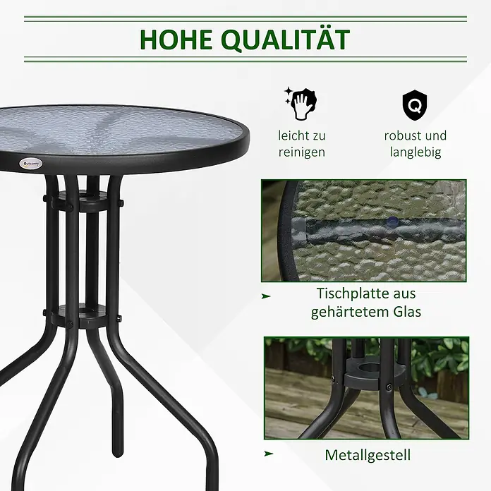 Outsunny Garten-Beistelltisch rund - Metall, Sicherheitsglas, Kunststoff, Schwarz - Runder Gartentisch mit schwarzem Metallgestell und Glasplatte.