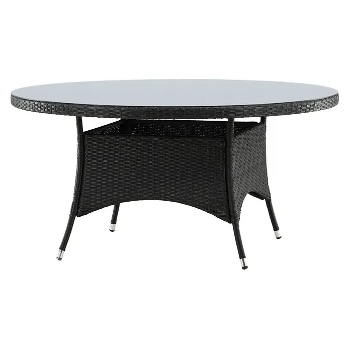 Ebuy24 Gartentisch rund Volta - Ø x H: 150 x 74 cm, Aluminium, Glas, Rattan, Schwarz, Stapelbar - Runder Esstisch aus schwarzem Rattan mit Glasplatte und silbernen Füßen.