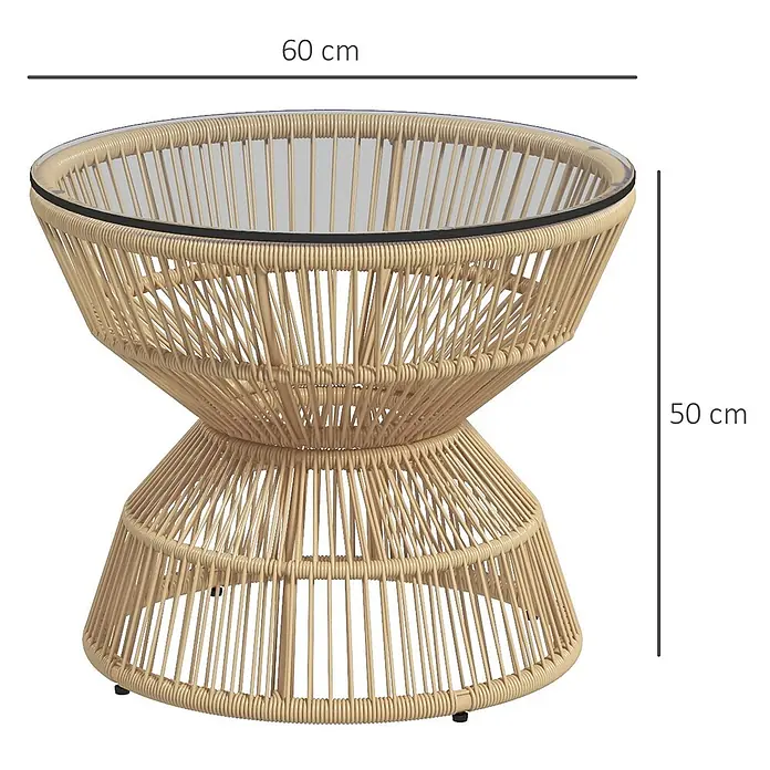 Outsunny Garten-Loungetisch im Boho-Design - Verzinkter Stahl, PE-Rattan, Hartglas, Naturholz - Runder hellbrauner Rattanseitstisch mit Glasplatte und sanduhrförmigem Fuß. 60 cm Durchmesser, 50 cm hoch.