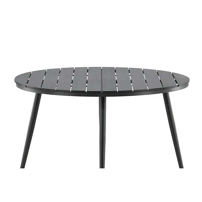 Ebuy24 Gartentisch rund Break - Ø x H: 120 x 74 cm, Aluminium, Schwarz, Stapelbar - Dunkelgrauer runder Gartentisch mit Lattenplatte und schwarzen Metallbeinen.