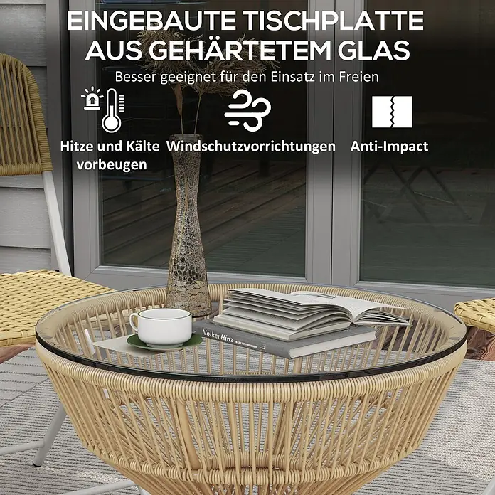 Outsunny Garten-Loungetisch im Boho-Design - Verzinkter Stahl, PE-Rattan, Hartglas, Naturholz - Runder Kaffeetisch mit Rattangeflecht-Basis und gehärteter Glasplatte, ideal für den Außenbereich.