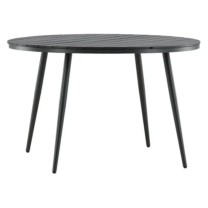 Ebuy24 Gartentisch rund Break - Ø x H: 120 x 74 cm, Aluminium, Schwarz, Stapelbar - Runder, dunkelgrauer Lattenrosttisch mit vier angewinkelten Metallbeinen.
