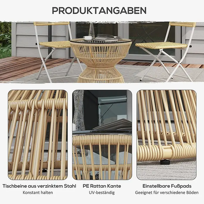Outsunny Garten-Loungetisch im Boho-Design - Verzinkter Stahl, PE-Rattan, Hartglas, Naturholz - Rattan-Look Outdoor-Bistrotisch mit Glasplatte und zwei Klappstühlen. Merkmale: verzinkter Stahl und UV-beständiges PE-Rattan.