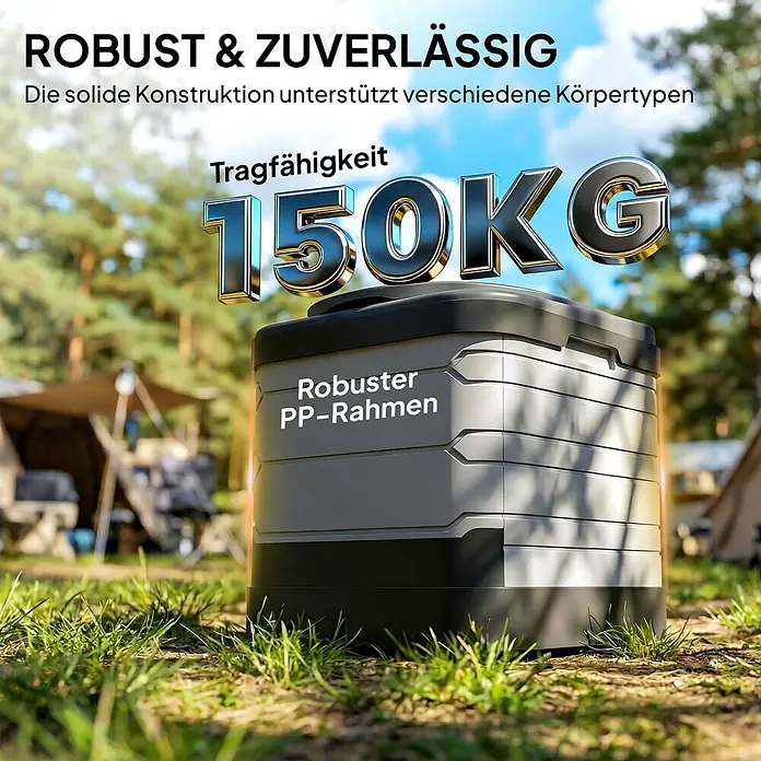 Outsunny Campingtoilette - Kunststoff - Ein graues und schwarzes tragbares Camping-WC/Hocker mit robustem PP-Rahmen, im Camping-Umfeld im Gras stehend. Tragfähigkeit 150KG.