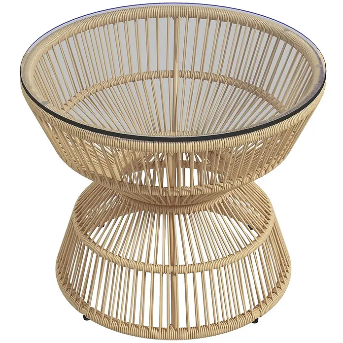 Outsunny Garten-Loungetisch im Boho-Design - Verzinkter Stahl, PE-Rattan, Hartglas, Naturholz - Runder Couchtisch mit klarer Glasplatte und beigem, sanduhrförmigem Rattan-Geflechtuntergestell.