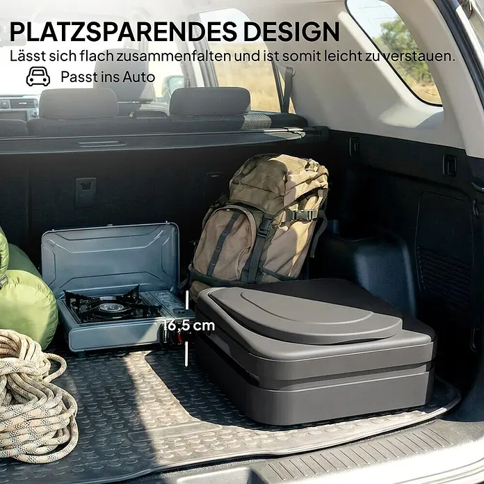 Outsunny Campingtoilette - Kunststoff - Dunkelgraue, klappbare Campingtoilette im Kofferraum eines Autos, 16,5 cm hoch zusammengeklappt.