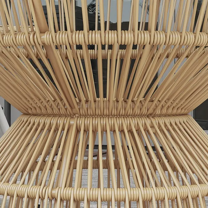 Outsunny Garten-Loungetisch im Boho-Design - Verzinkter Stahl, PE-Rattan, Hartglas, Naturholz - Nahaufnahme von hellbeigem Naturrattanmöbel mit dicht gewebtem Design.