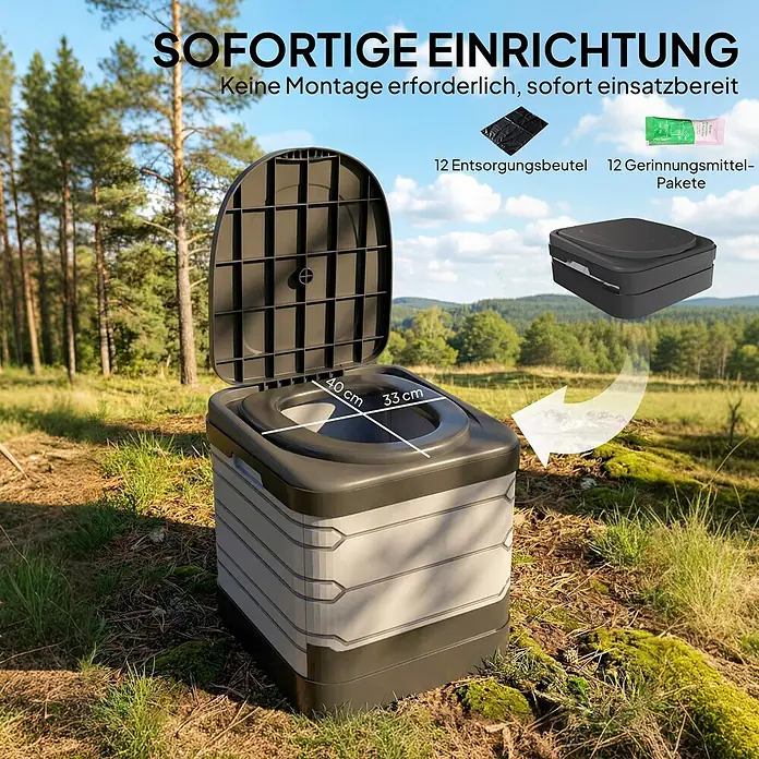 Outsunny Campingtoilette - Kunststoff - Graue faltbare Campingtoilette im Wald, offen mit Sitzmaßen 40x33cm, mit Entsorgungsbeuteln und Gerinnungsmittel-Paketen.