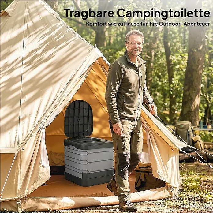 Outsunny Campingtoilette - Kunststoff - Geöffnete graue und schwarze tragbare Campingtoilette in einem Zelt.